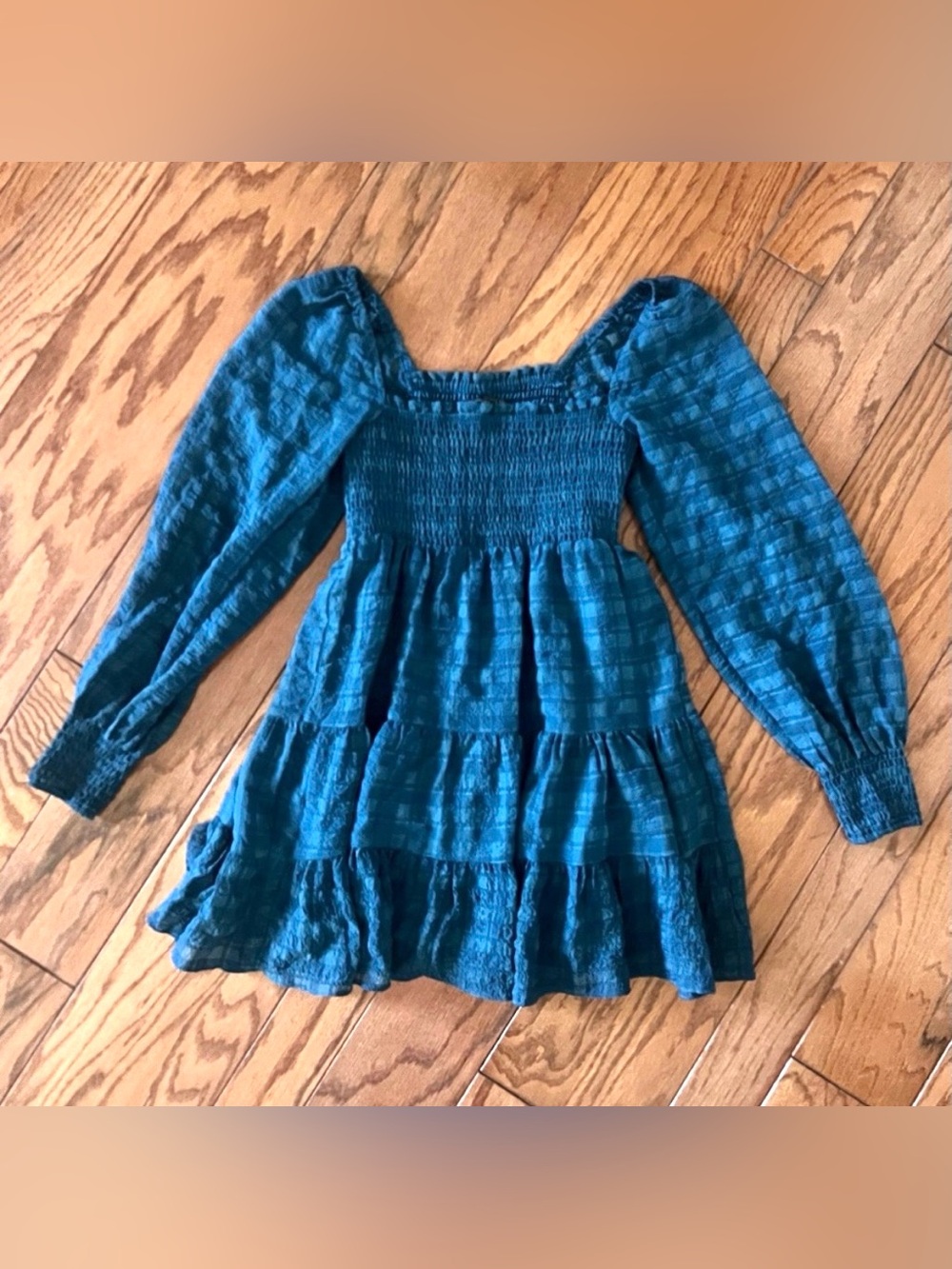 Urban Outfitters Blue Teal Smocked Mini Dress Long Sleeve Cottagecore Babydoll